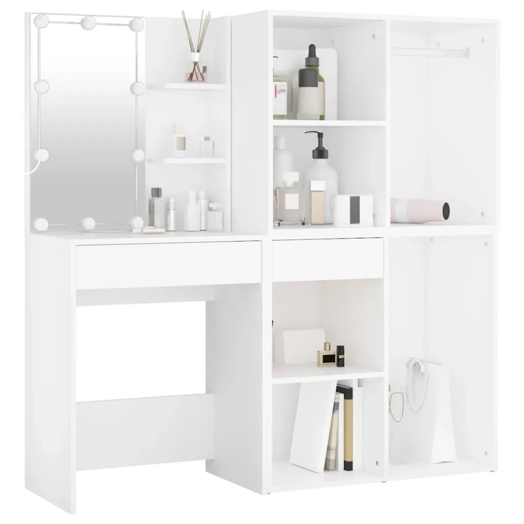 Toeletta | Tavolo da Trucco LED con 2 Armadietti in Legno Multistrato Bianco