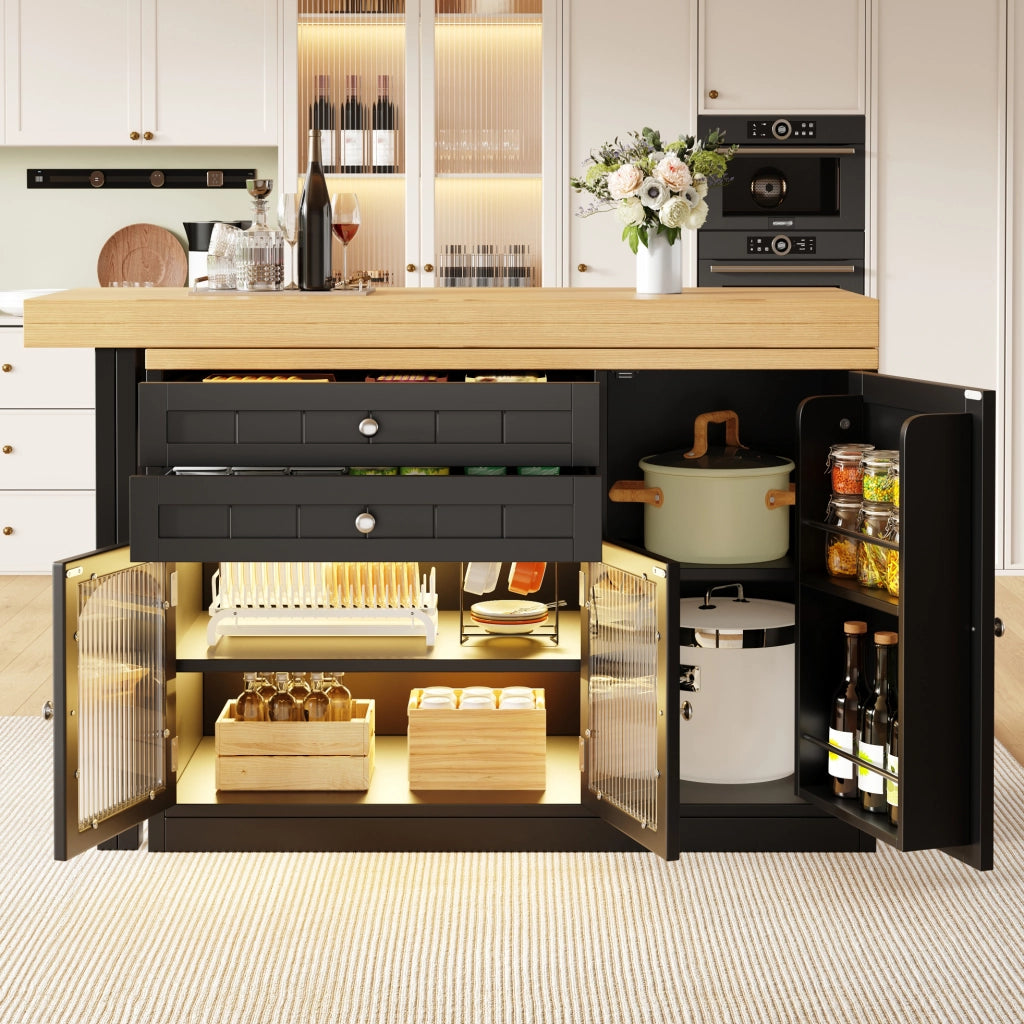 Mobile cucina estensibile 120x40x73.5 cm girevole a 360°; con cassetti; MDF e metallo nero