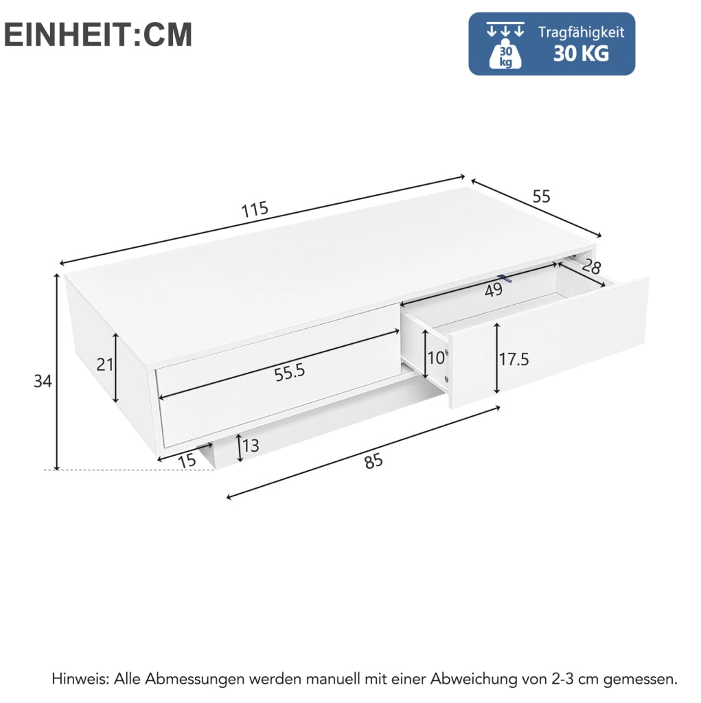 Tavolino da caffè moderno bianco lucido 115 x 55 x 34 cm con 2 cassetti e LED