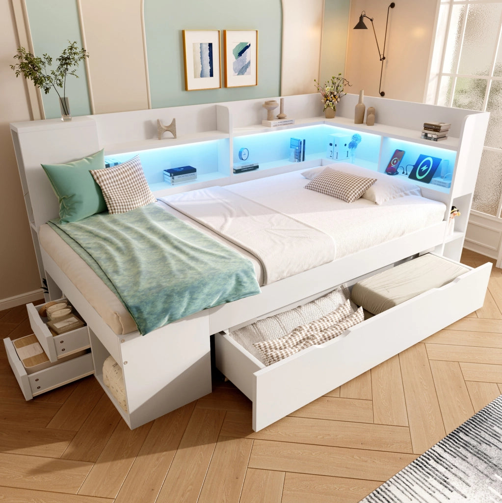 Letto singolo 90x200 cm con LED; USB e Type-C; cassetti e ripiani; bianco