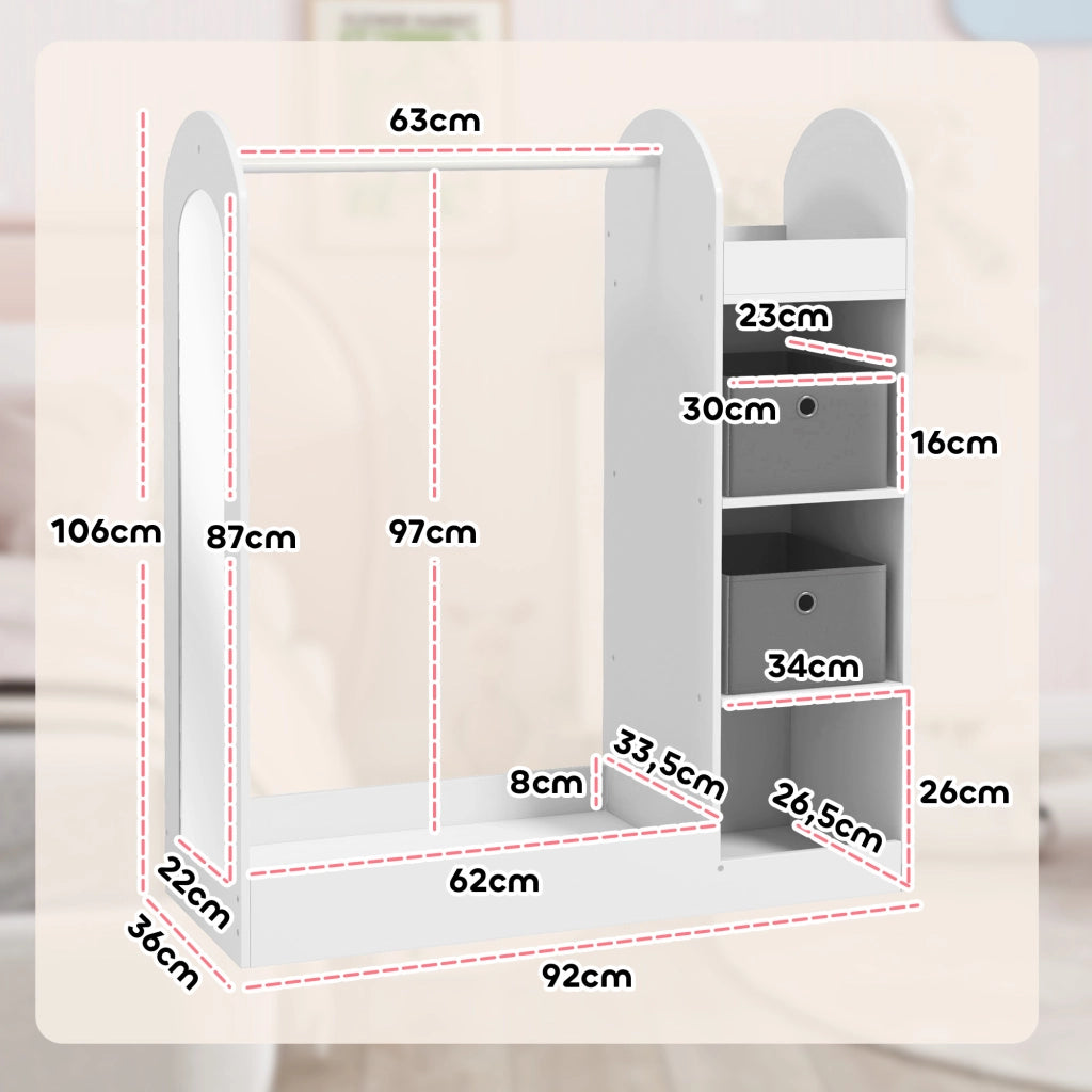 Appendiabiti per Bambini 3-8 Anni 92x36x106 cm con Ripiani 2 Scatole Asta Appendiabiti e Specchio in MDF Bianco