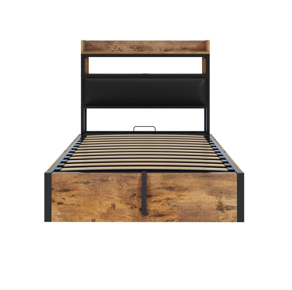 Letto contenitore 90x200 cm con sollevamento idraulico; USB e testiera imbottita in metallo; legno e tessuto