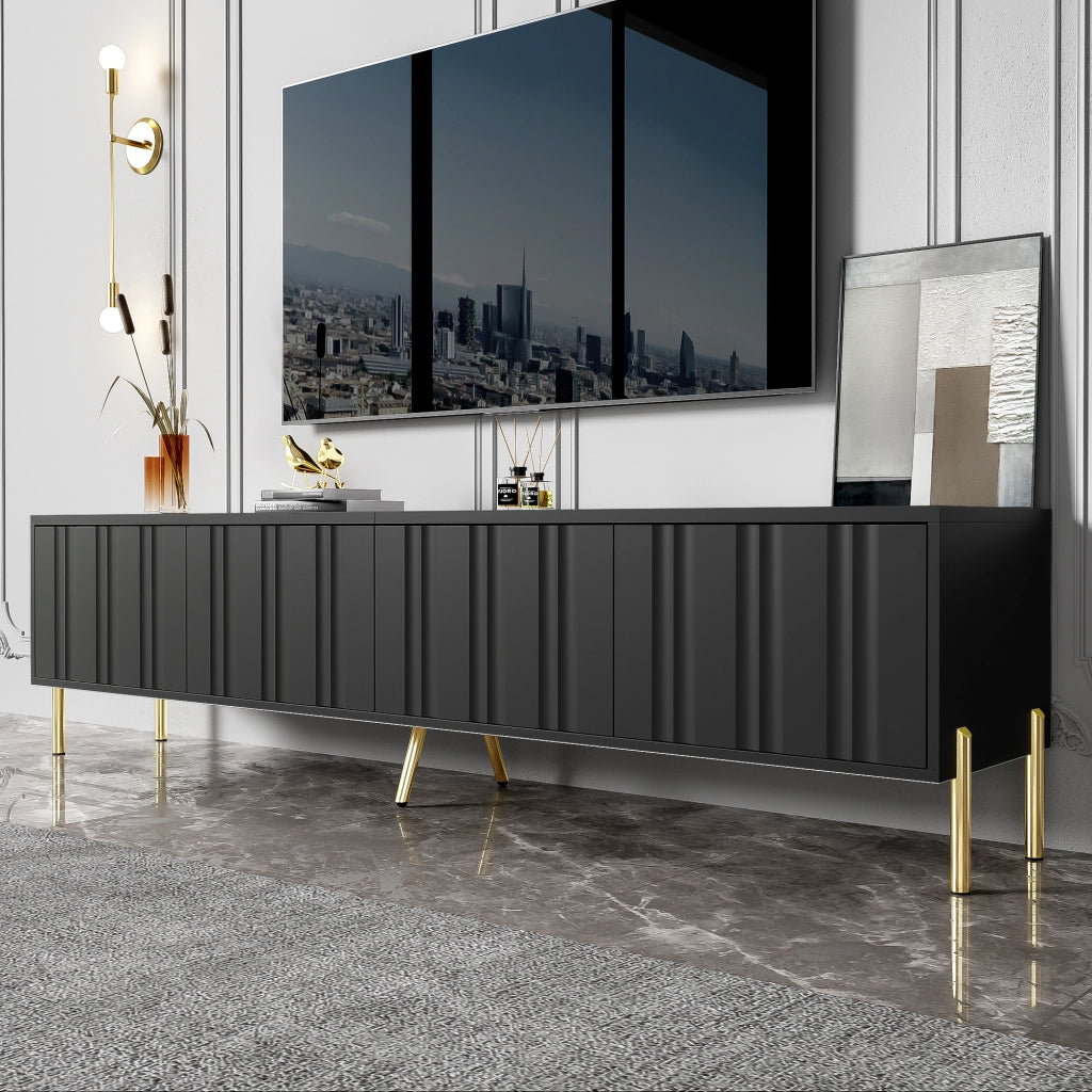 Mobile TV con 4 Ante e 8 Ripiani; Ante a Doghe Verticali; Piedini Dorati 15 cm; in MDF e Pannello Truciolare; Nero; 190??38??48 cm