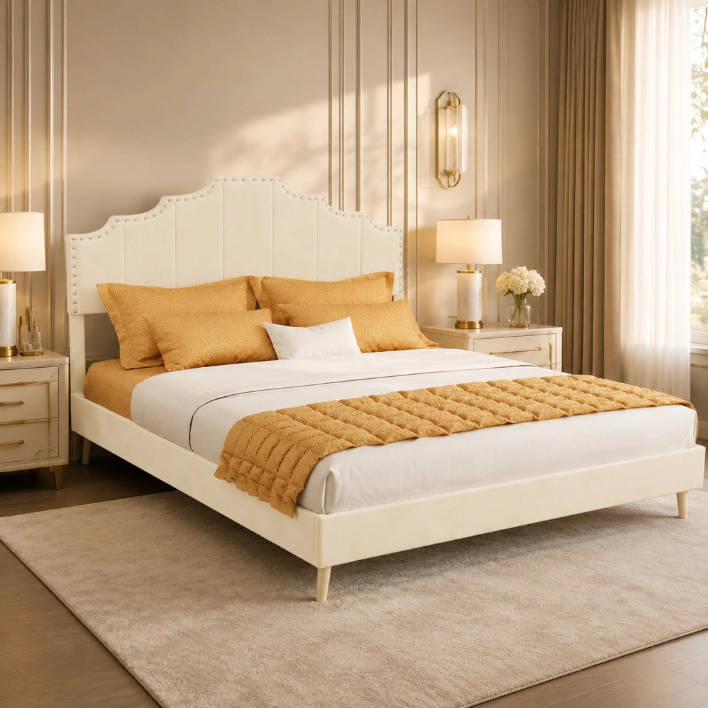 DESMIU Letto matrimoniale 140 × 200 cm 2 posti con testiera geometrica, senza materasso, in tessuto beige