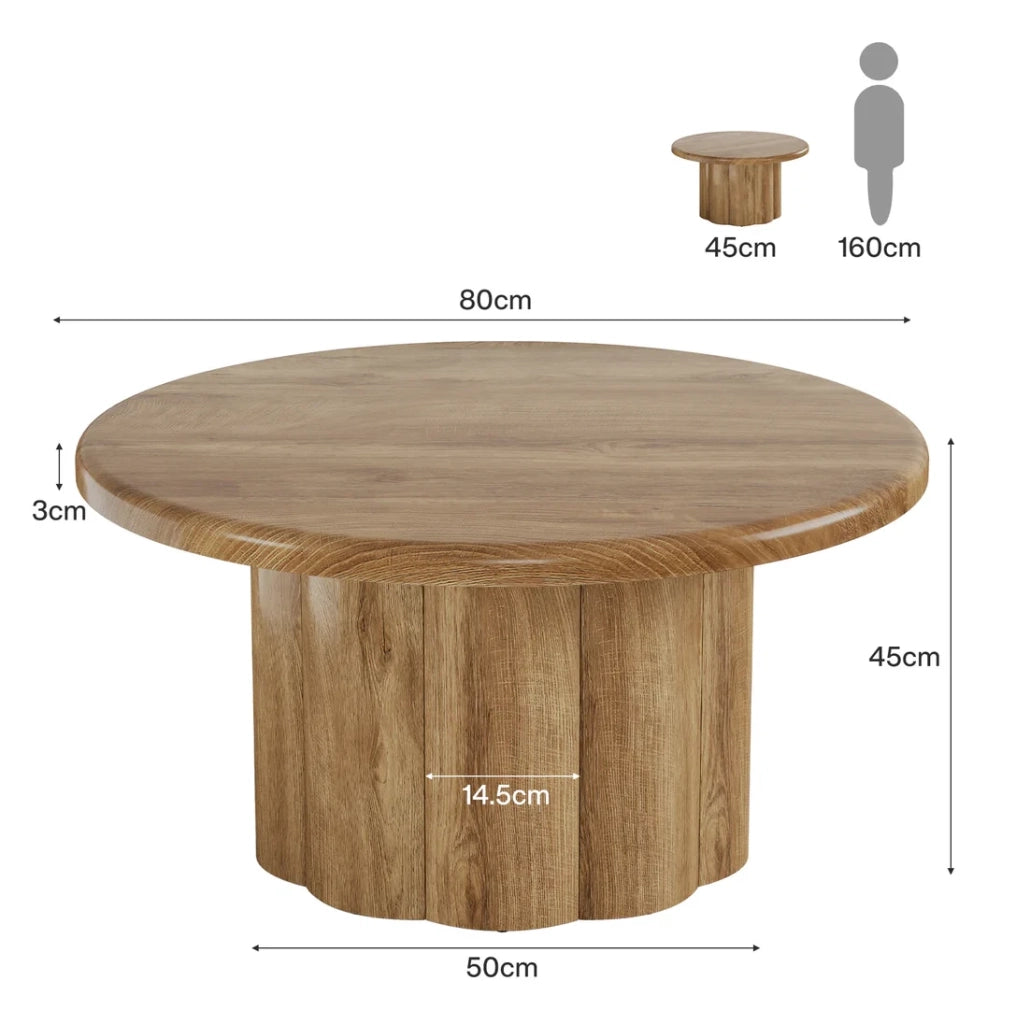 Tavolino da caffè rotondo ? 80 cm in MDF marrone con base scanalata