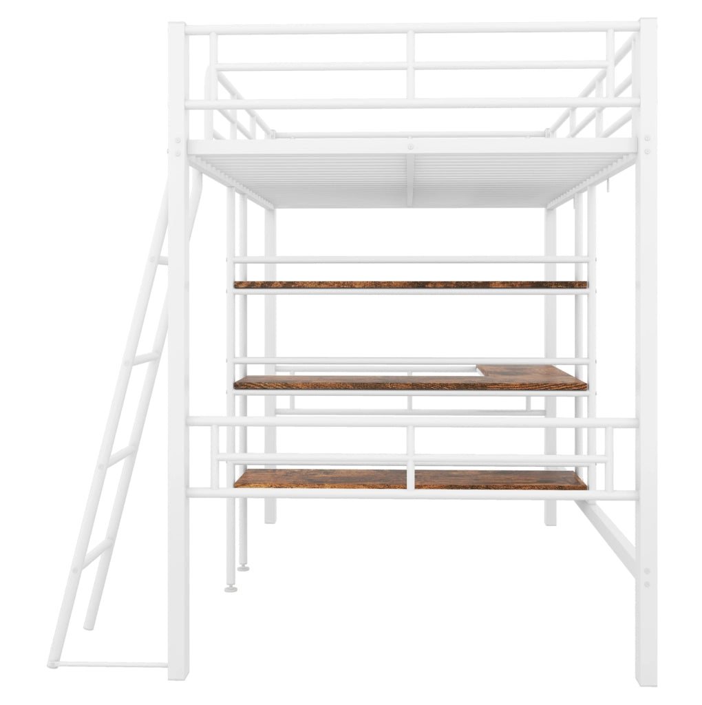 Letto a soppalco 90x200 cm in metallo con scrivania, ripiani e scala, bianco