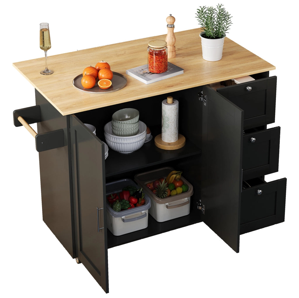 Isola da cucina mobile pieghevole 135x44(70)x90 cm in MDF nero e naturale