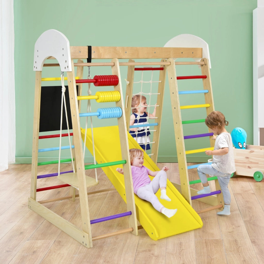 Set arrampicata 8 in 1 per bambini con abaco e altalena-Set arrampicata di legno con scivolo e scala Colorato-Arrampicate e scivoli