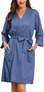 Badjas da donna con manica 3/4 a piqué, saunajas con tasche, lunga, morbida e leggera, blu, L