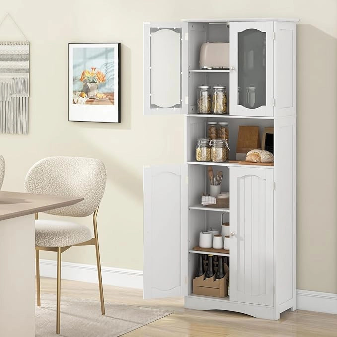 Armadietto Salvaspazio 60 x 30 x 164cm, Mobile Bagno con Scomparti Aperti, Ripiani Regolabili e 2 Porte in Vetro Temprato, Armadio da Bagno per Ufficio, Soggiorno e Camera da Letto (Bianco)