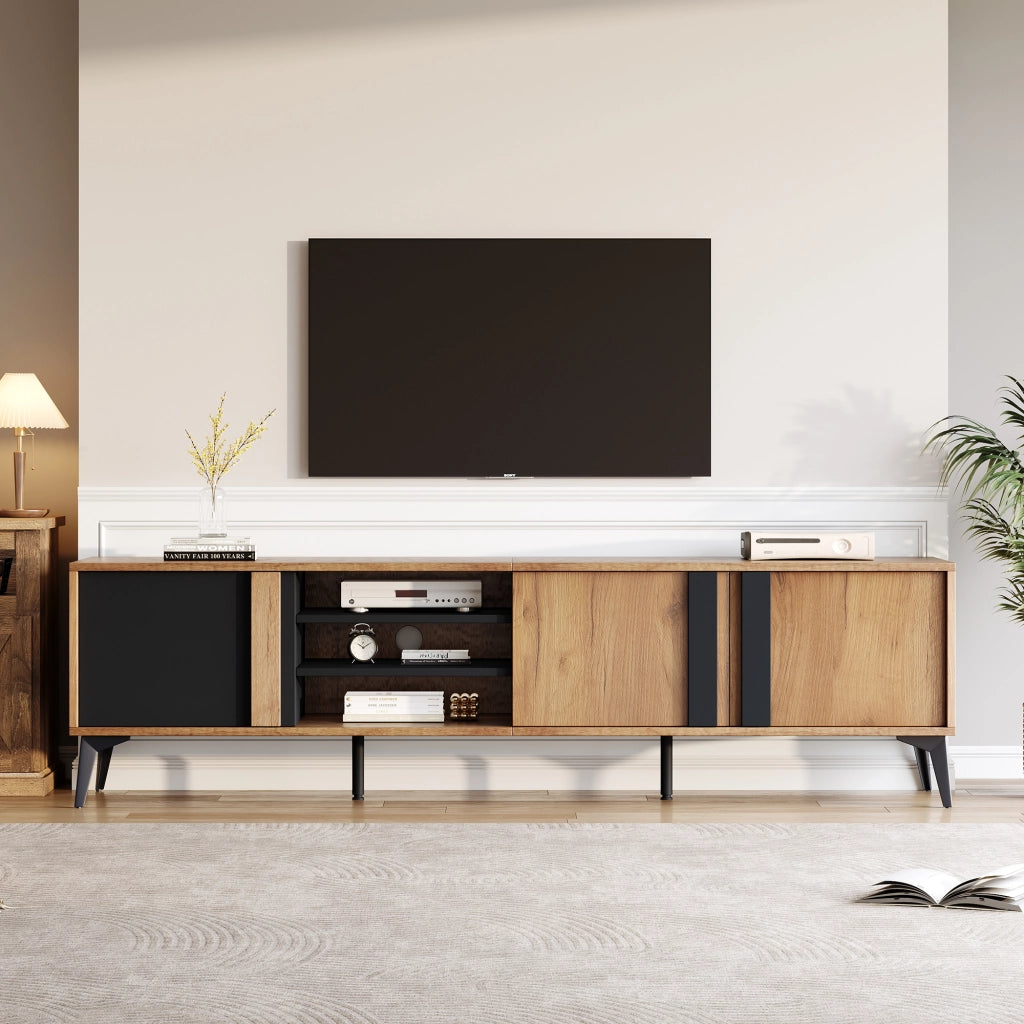 Mobile TV con 3 ante e 4 vani aperti; passacavi e piedi regolabili; per soggiorno; 180 × 40 × 50 cm; in truciolare; nero e marrone