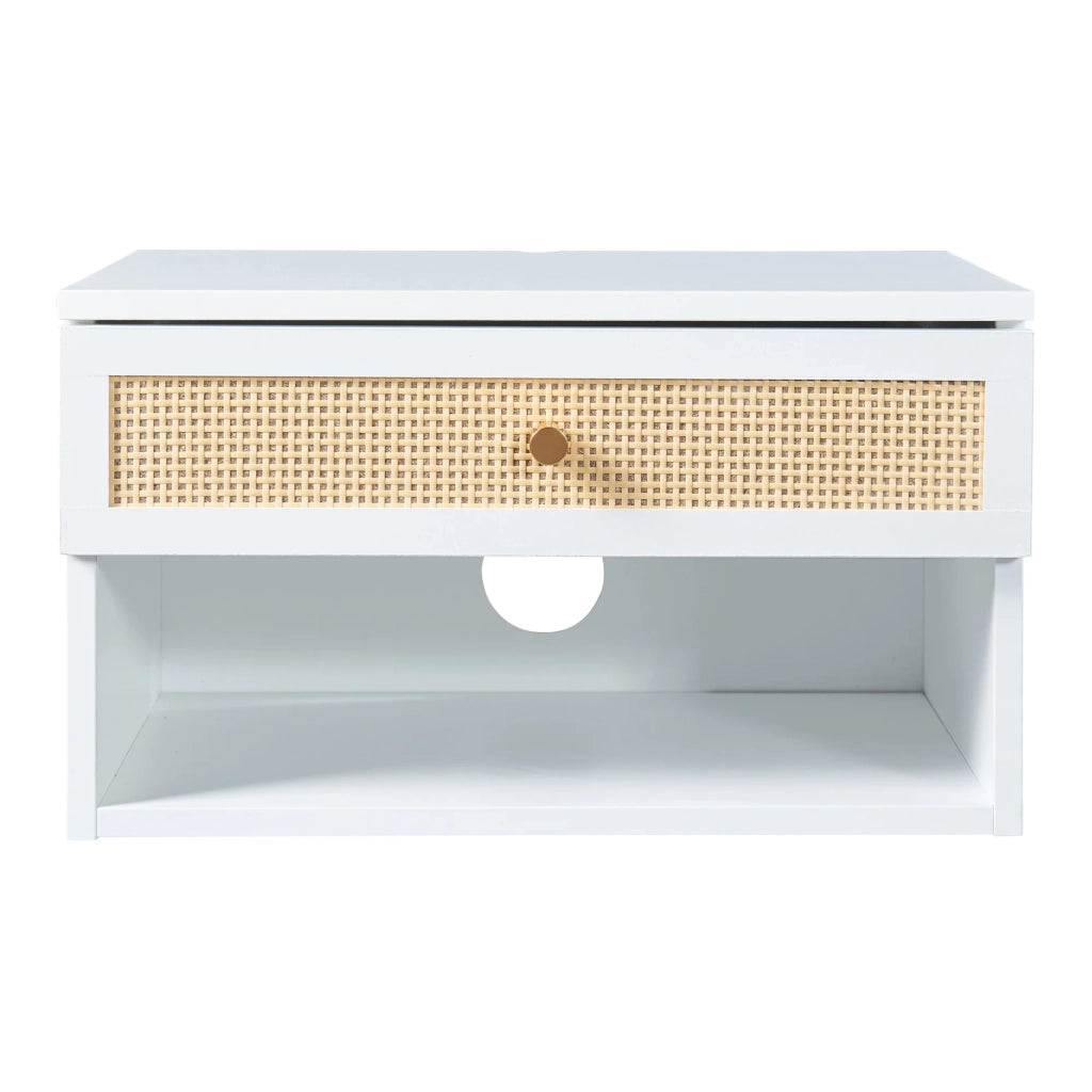 Scaffale dal design senza tempo per soggiorno o camera da letto mobiletto portaoggetti da parete 40 x 32 x 23 cm effetto rattan bianco 03_0011239