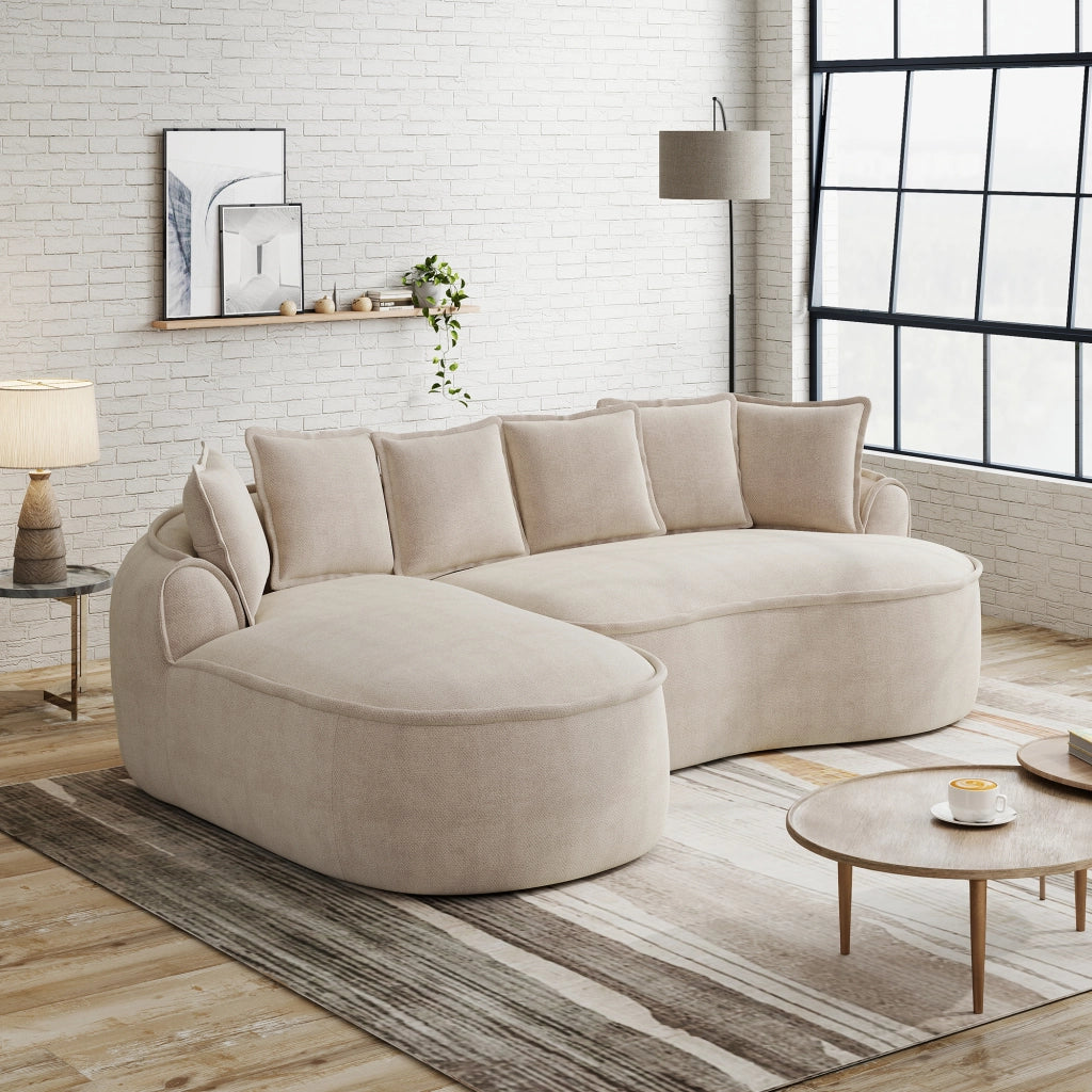 Divano Angolare con Chaise Longue e Cuscini ¨C MINIMAL ¨C Tessuto Chenille, Beige Chiaro
