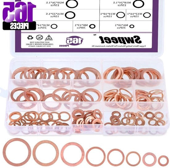 Kit di Gomme di Serraggio Metriche in Rame Assortimento - 165 pezzi - 8 misure - M6/M8/M10/M12/M14/M16/M18/M20 - Connesse Elettriche