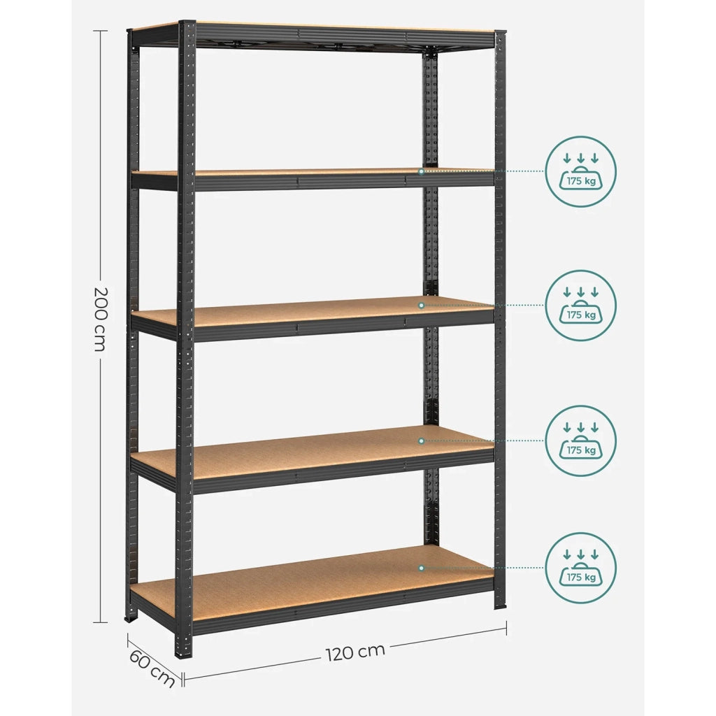 Scaffale per carichi pesanti a 5 ripiani 60 x 120 x 200 cm armadio portaoggetti in acciaio montaggio senza attrezzi ripiano da garage per cassette degli attrezzi capacità di carico 875 kg nero 12_0005570