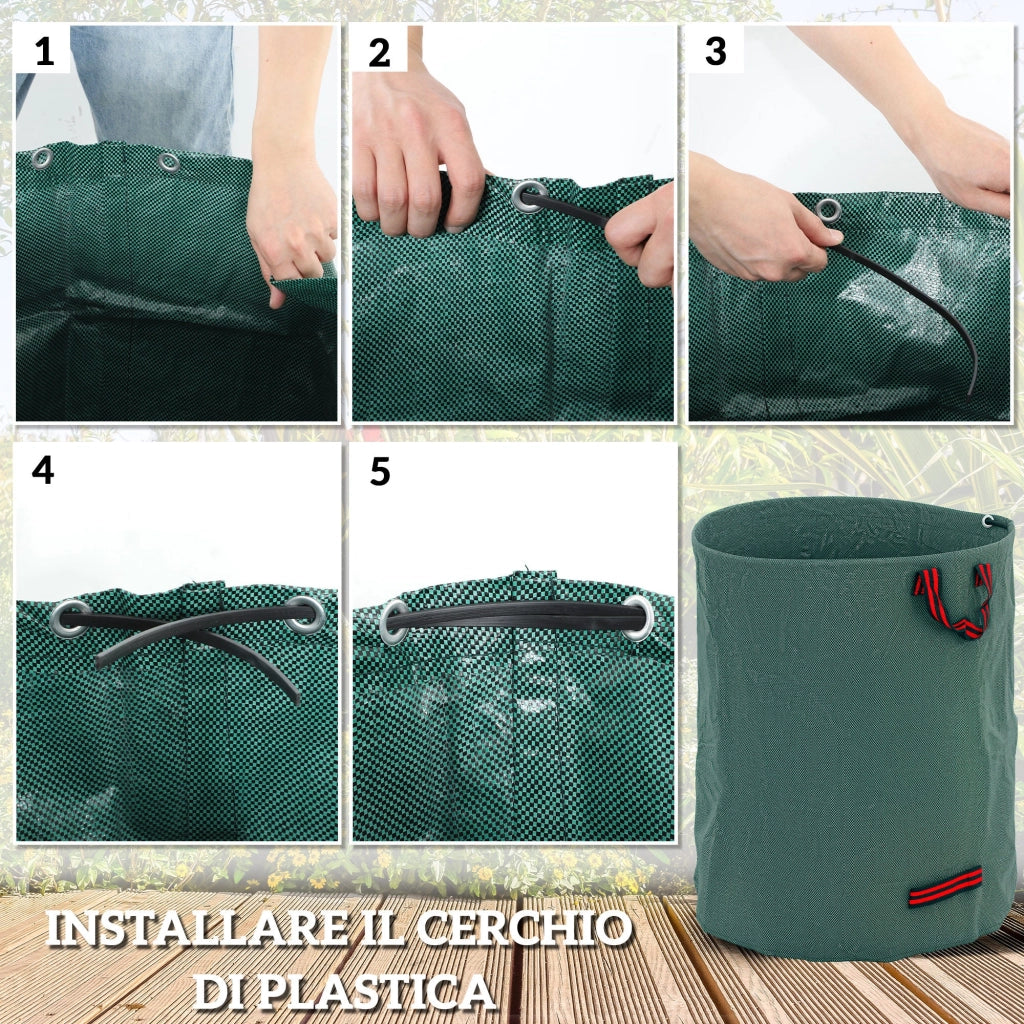 Set 3 Sacchi per Rifiuti da Giardino Ø67x84 cm da 300 L Richiudibili e Riutilizzabili Verde