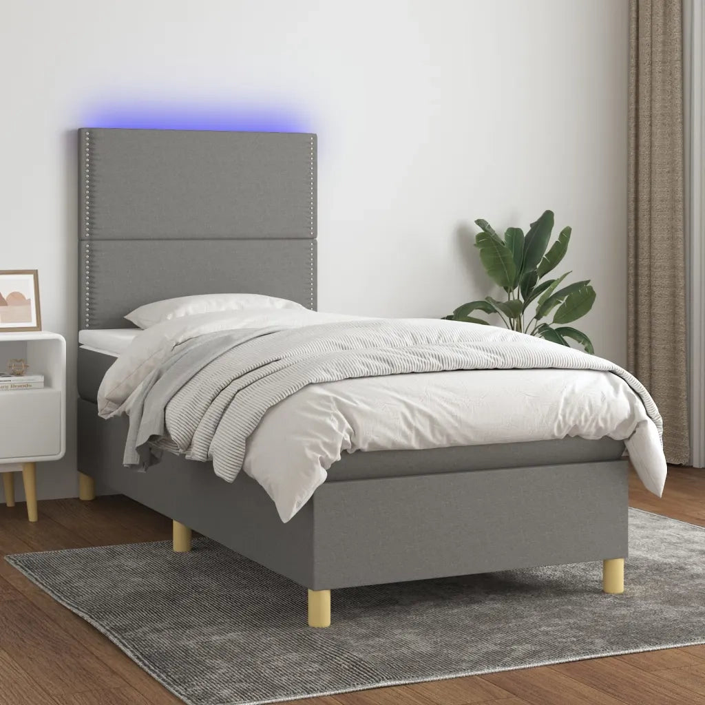 Letto a Molle Materasso e LED Grigio Scuro 100x200cm in Tessuto 3135334