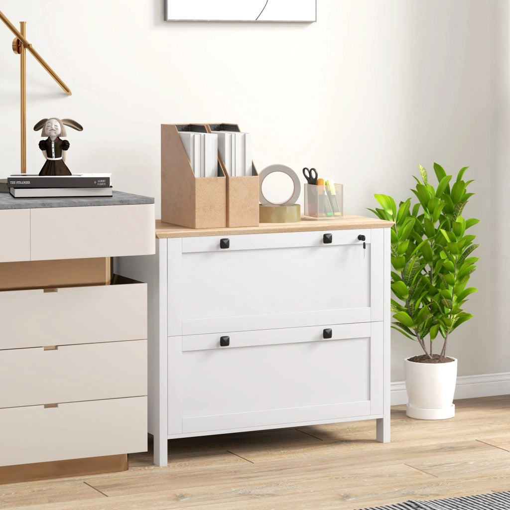 Armadietto Portadocumenti con 2 Cassetti per Cartelle A4, Serratura e Chiavi, 76x40x76cm, Bianco