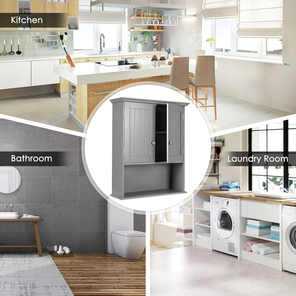 Mobiletto Pensile da Bagno, Mobile Armadietto Bagno sospeso con 2 Porte, Armadietto a Muro delle Medicine, Mensola Regolabile, Capacità di 30 kg (Grigio)