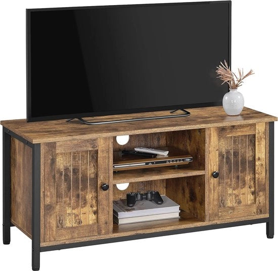 TV-stand con cassetti aperti e ripiani regolabili per schermi da 45 pollici
