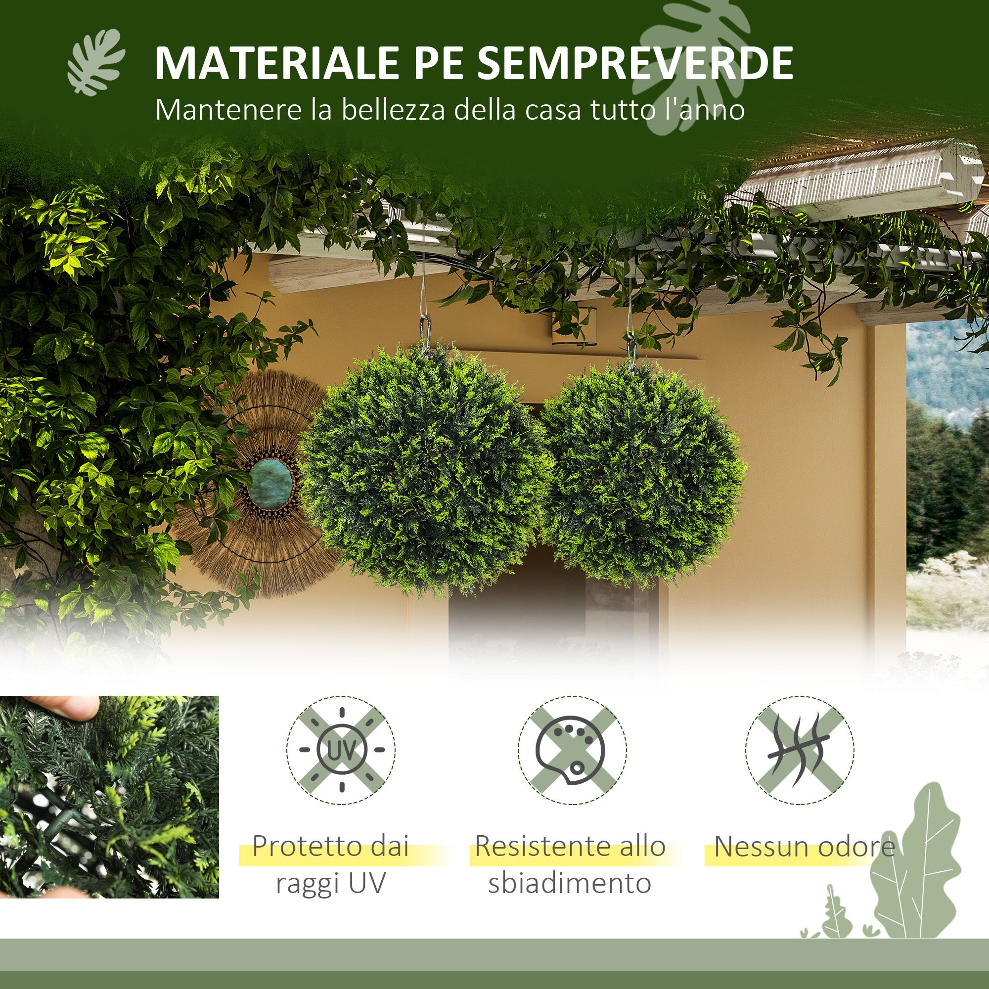 Set di 2 Piante Artificiali a Sfera Ø45 cm con Foglie di Cedro per Casa e Giardino Verde
