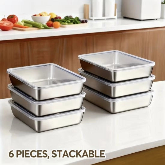 Set di 6 Contenitori di Stoccaggio in Acciaio Inox – Stivabili con Coperchi Translucidi, Resistenti al Congelatore e al Lavello