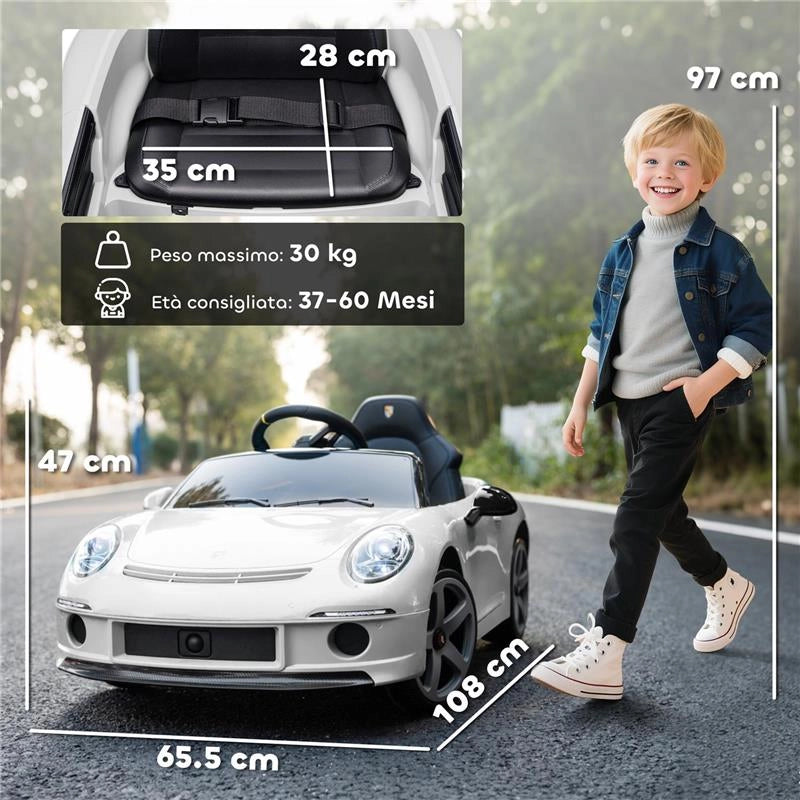 MACCHINA PER BAMBINI 3-5 ANNI CON LICENZA UFFICIALE RUF GT, TELECOMANDO, CINTURA DI SICUREZZA E MUSICA, BIANCO
