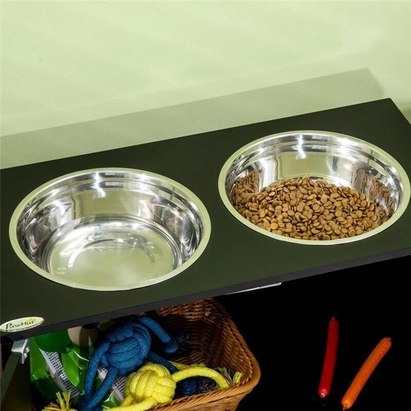 CIOTOLA PER CANI RIALZATA CON VANO CONTENITORE, 2 CIOTOLE IN ACCIAIO INOX RIMOVIBILI, 60X30X35.5CM, NERO
