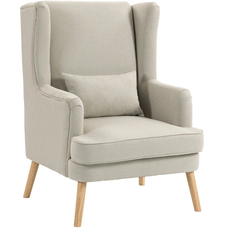 Poltrona lounge beige con schienale alto e cuscino lombare