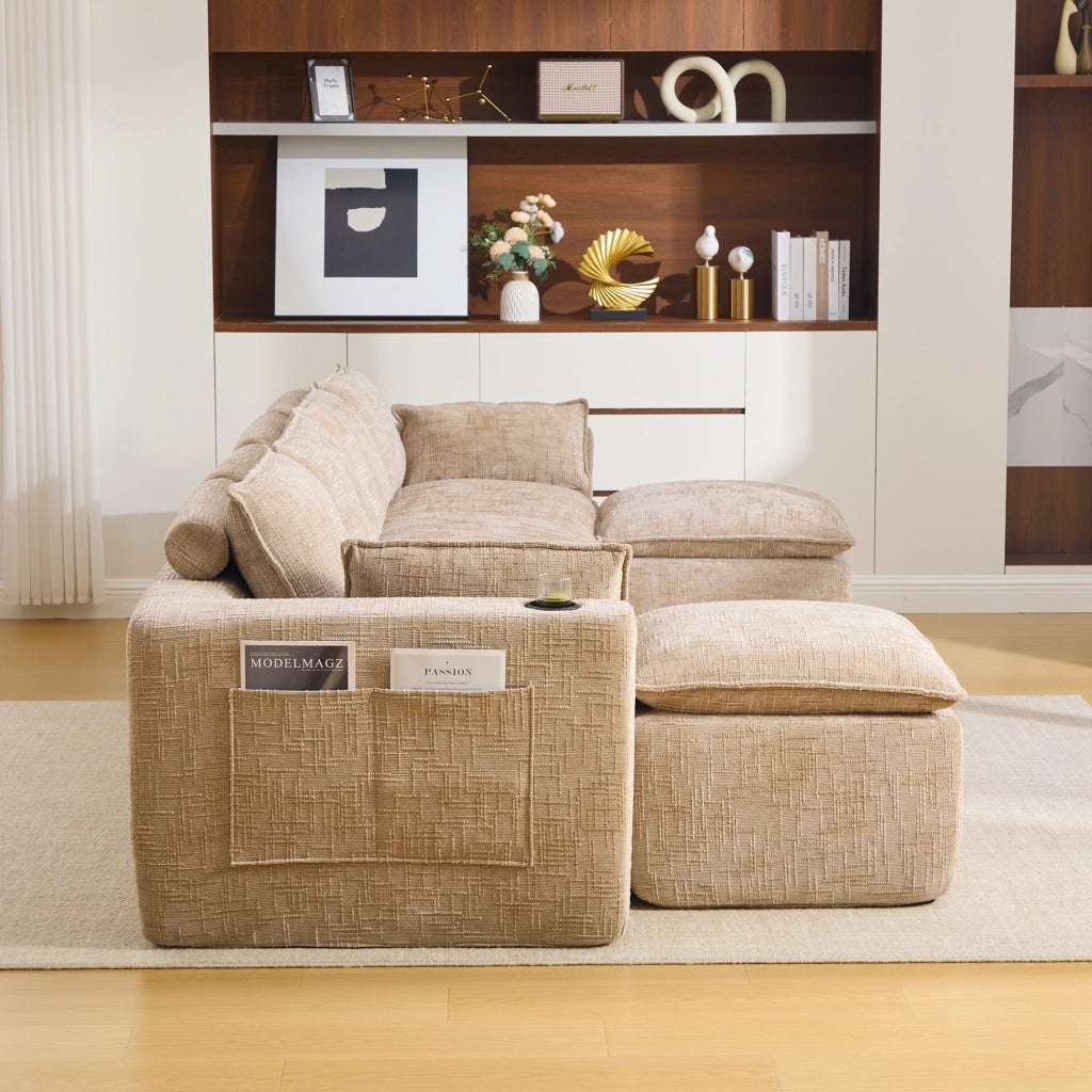 Divano modulare 4 posti con tasche laterali, cuscini e anima a molle, in ciniglia khaki per soggiorno 322 × 161 × 75 cm