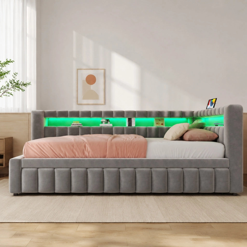 Letto estraibile singolo 90×200 cm con LED; USB e ripiani; senza materasso; velluto; grigio chiaro