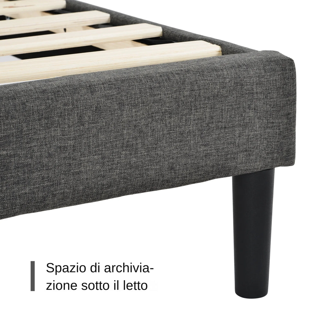 Letto matrimoniale imbottito 140x200 cm con testiera e rete a doghe; tessuto grigio scuro