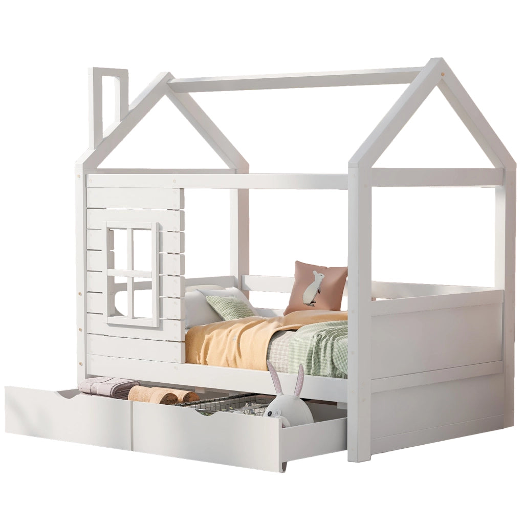 Letto per bambini in legno massello di pino bianco 80x160 cm con sponde, finestre decorative, reti a doghe e 2 cassetti contenitore
