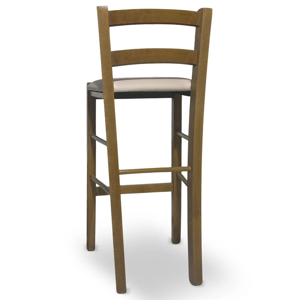 Sgabello in legno noce chiaro con schienale h 66 cm con seduta similpelle beige
