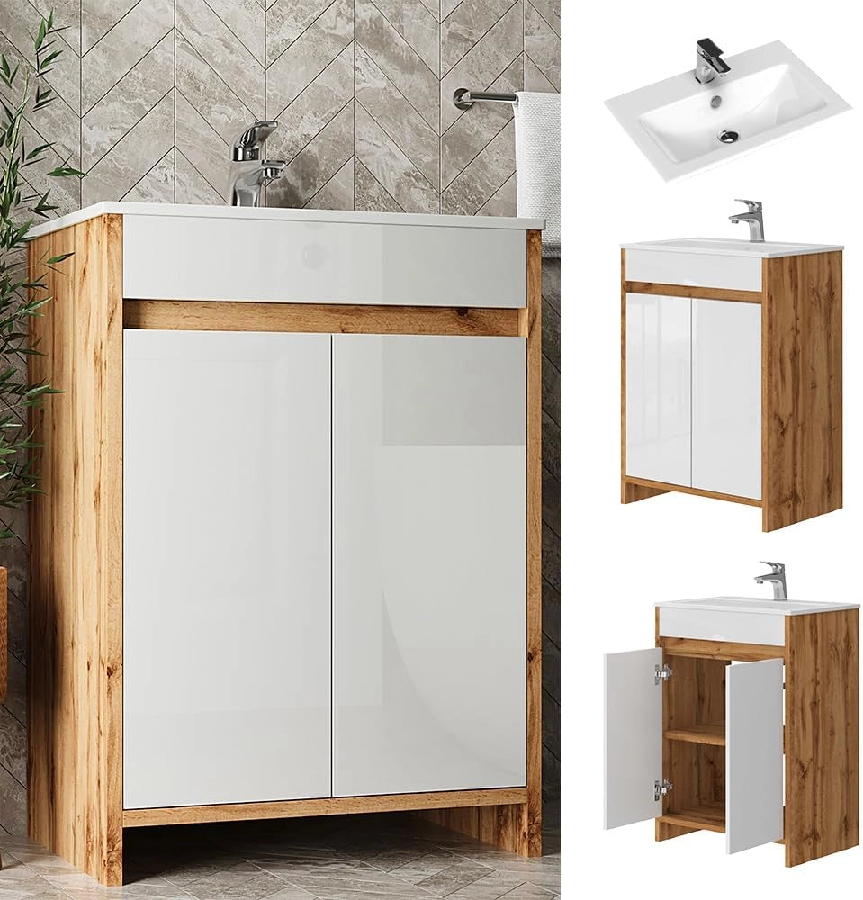 Mobiletto Lemgo, Quercia dorata, 2 parti, composto da mobile sottolavabo e lavabo
