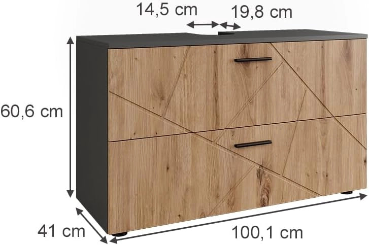 Mobiletto per lavabo Irma, Antracite/Artisan, 100.1 x 60.6 cm con 2 cassetti, adatto per lavabi standard con foro per sifone