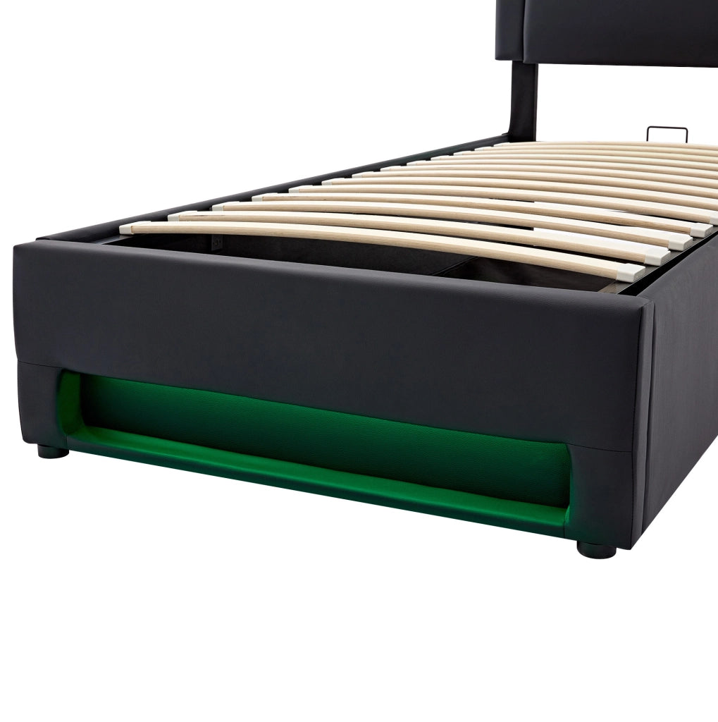 Letto imbottito 90 x 190 cm in PU nero; con LED; USB e contenitore