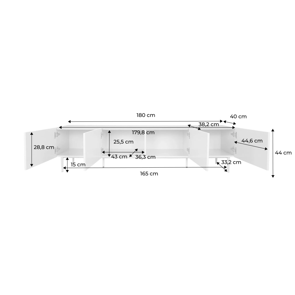 Mobile tv in metallo e decorazione in legno 4 ante, 180cm, beige