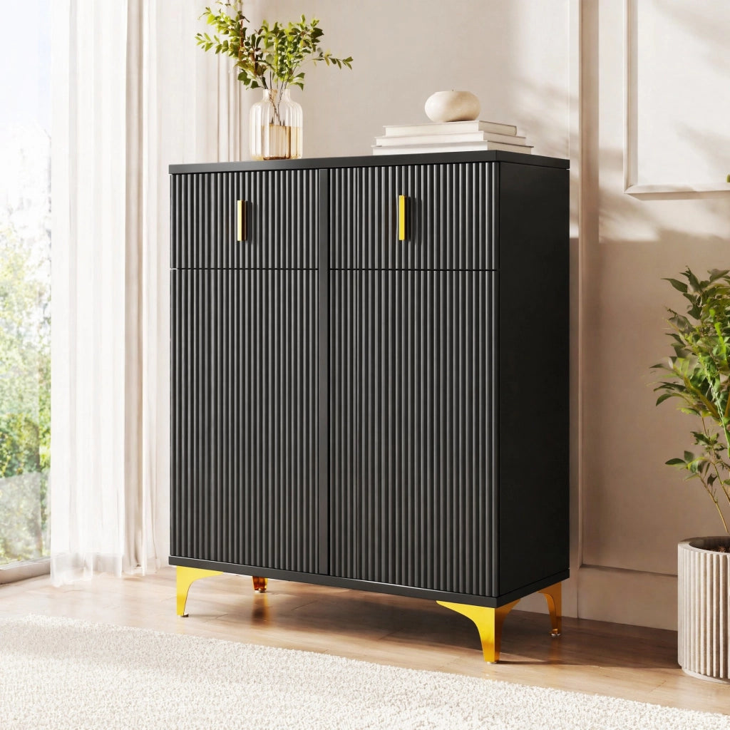 Credenza con 2 cassetti e 2 ante, ripiani regolabili, pannelli strutturati in truciolato nero 83 × 35 × 101 cm