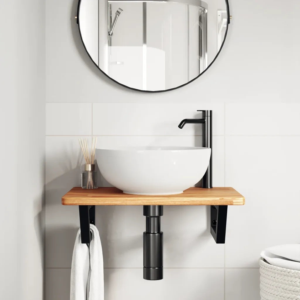 Ripiano a Parete per Lavabo-Mensole a Muro in Acciaio e Massello di Rovere 457893