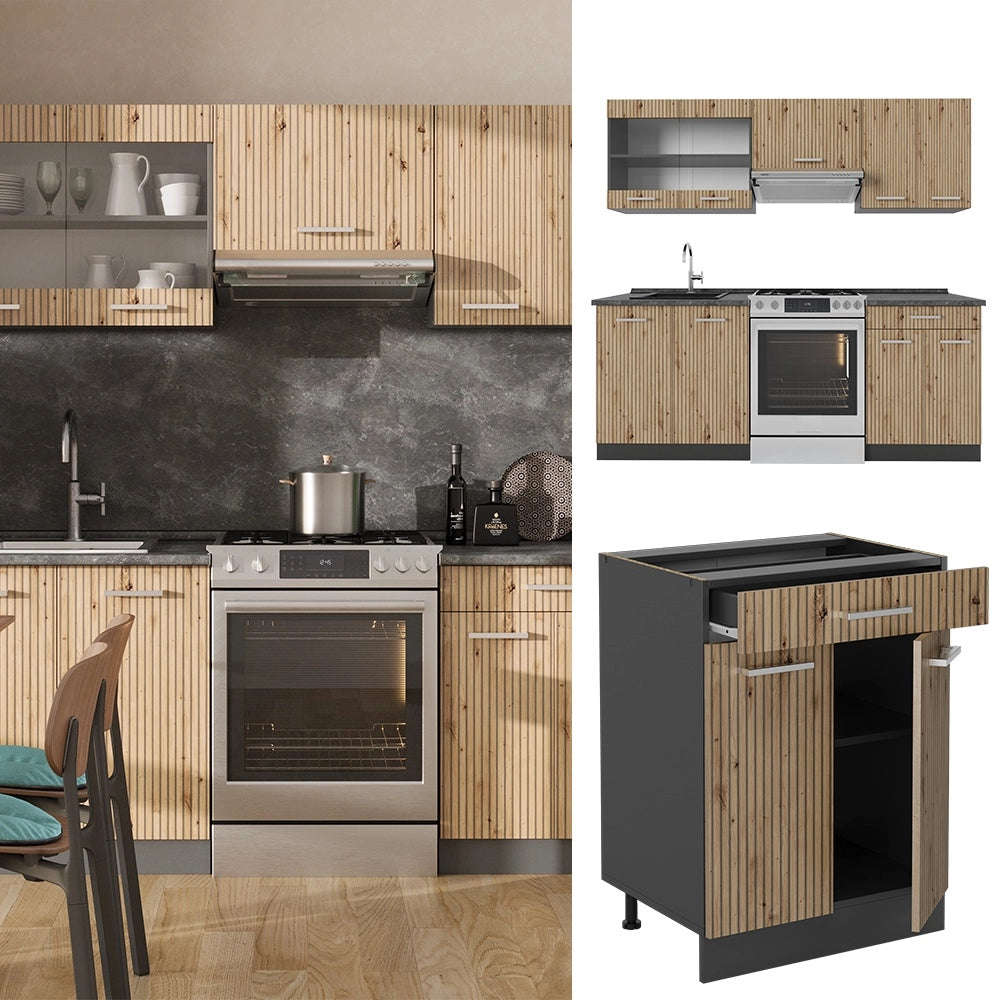 Cucina componibile R-Line Rovere artigianale/Antracite 200 cm, PL Rovere Vicco