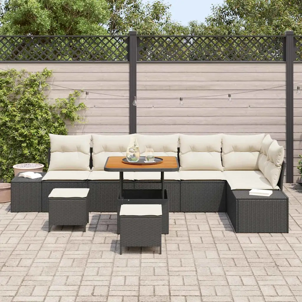 Set Divano da Giardino con cuscino 9 pcs Nero Poly Rattan