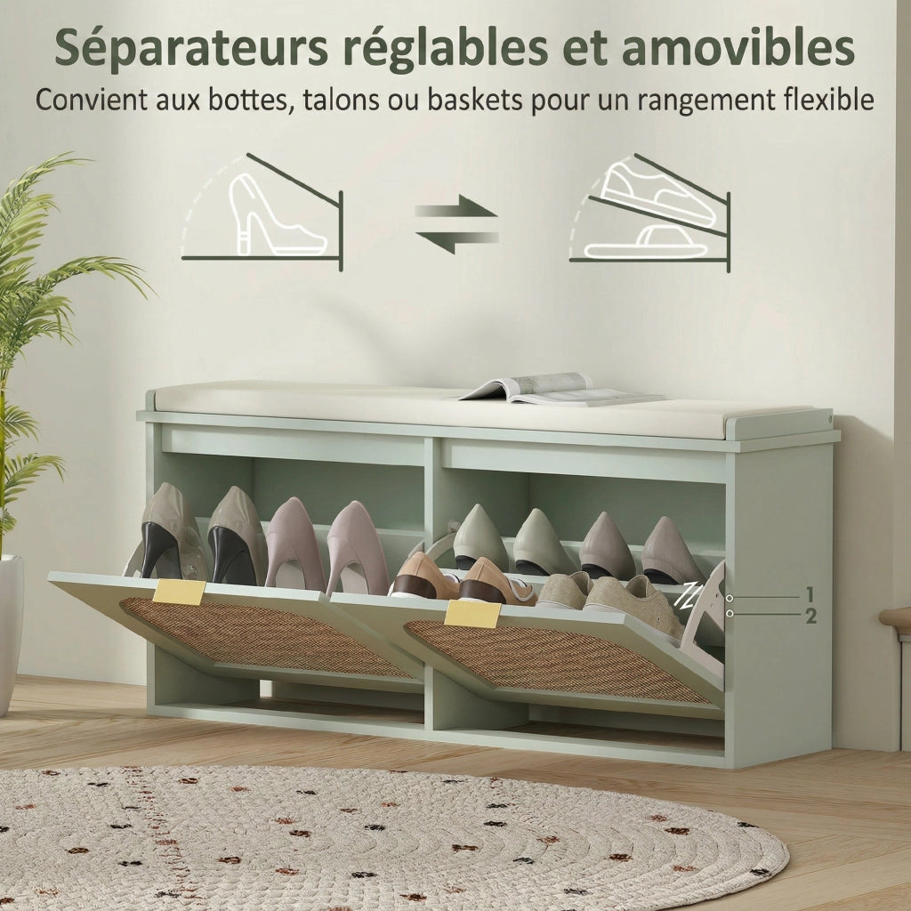 Panca scarpe con cassetti e schienale in rattan ¨C zephmum ¨C 104x26x47,5 cm verde