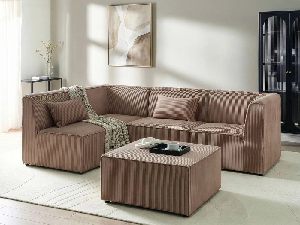Divano modulare lato destro 4 posti con Ottomana in Velluto a coste sabbia design moderno soggiorno