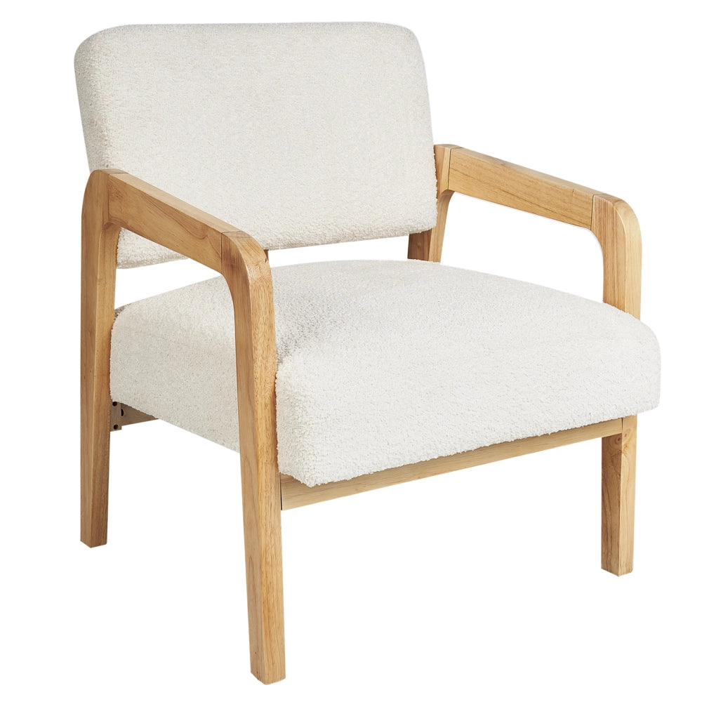 Poltrona Tessuto Boucle Bianco Morbido Nubby Struttura in legno chiaro Stile Arte Decor Retrò