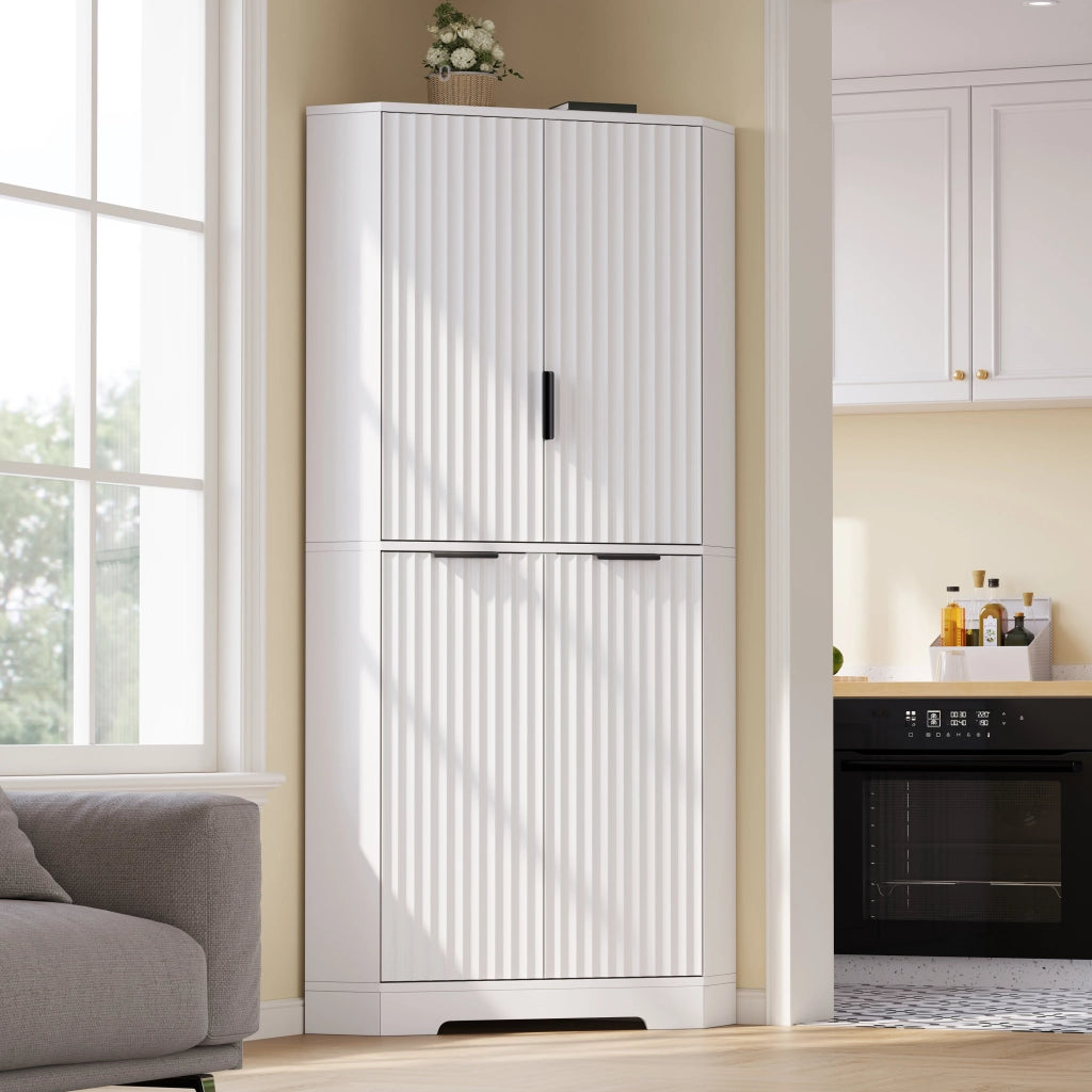 Armadio angolare con ripiani regolabili e ante scanalate; 60 x 60 x 172 cm; MDF bianco