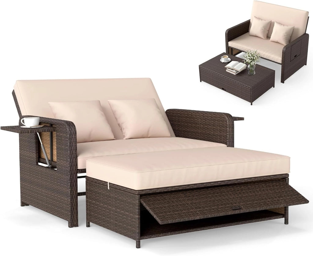 Lettino Prendisole in Rattan, Set 2 Pezzi con Divanetto & Pouf Contenitore, Schienale Regolabile a 4 Livelli e Tavolini Laterali Pieghevoli, Sdraio Doppia per Giardino e Piscina (Grigio)