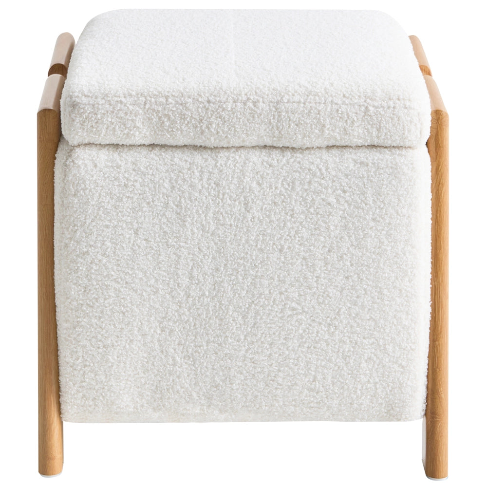 Pouf rivestito in tessuto bouclè bianco con contenitore Accessorio Soggiorno Camera da letto Glam Retrò
