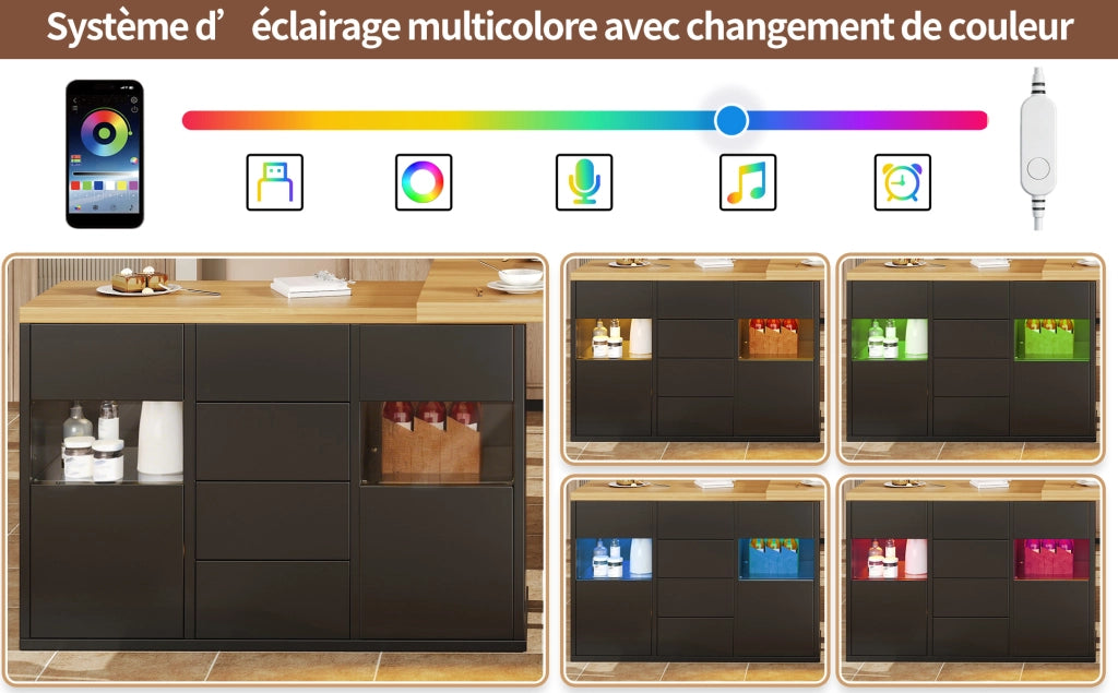 Tavolo da pranzo allungabile con LED multicolore e vano contenitore, MDF nero