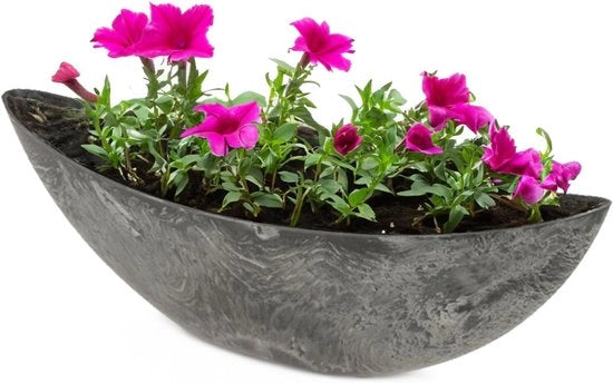 Bacino ovale per piante per esterno – grande vaso in pietra nera per giardino, balcone o cimitero